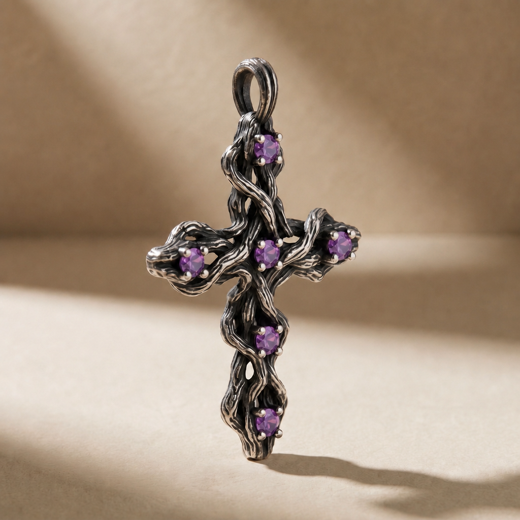 PLEXUS VESPER pendant in volcanic-oxidized 925 silver with violet stones, handcrafted in Italy for you - Broken Hearts
