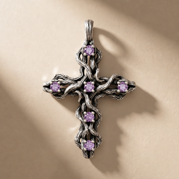 PLEXUS VESPER pendant in volcanic-oxidized 925 silver with violet stones, handcrafted in Italy for you - Broken Hearts