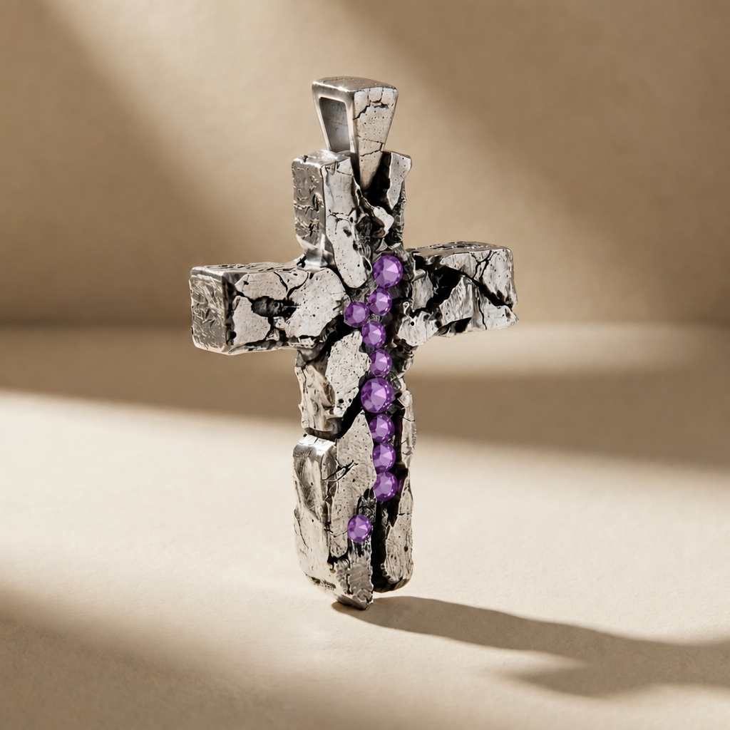 CRUX VESPER cross pendant in volcanic-oxidized 925 silver with violet stones, handcrafted in Italy for you - Broken Hearts