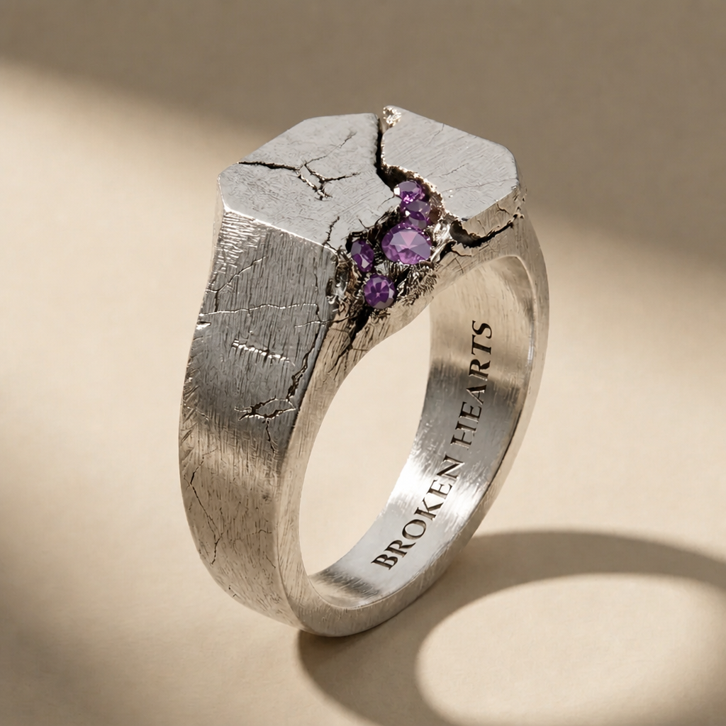 SCISSUM VESPER ring in volcanic-oxidized 925 silver with violet stones, handcrafted in Italy for you - Broken Hearts