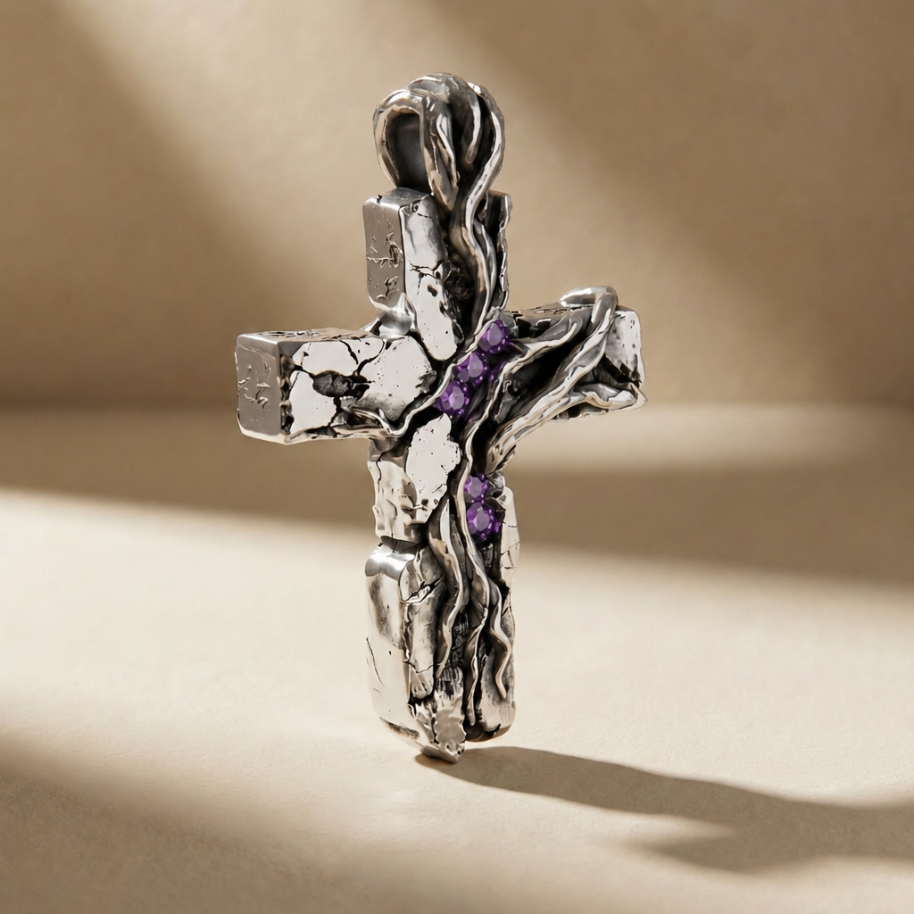 CRUCEM VESPER cross pendant in volcanic-oxidized 925 silver with violet stones, handcrafted in Italy for you - Broken Hearts