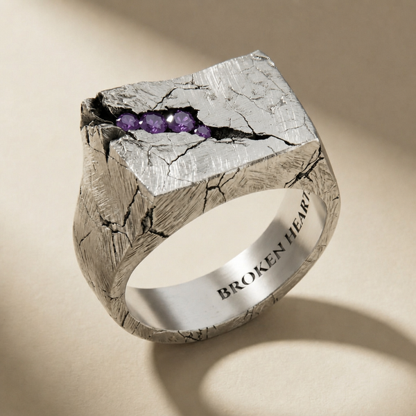 SAXUM VESPER ring in volcanic-oxidized 925 silver with violet stones, handcrafted in Italy for you - Broken Hearts