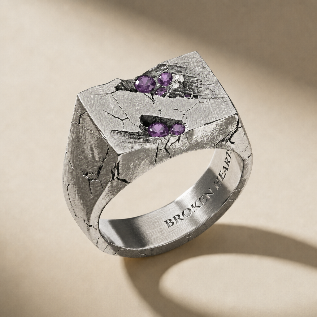 RELIC VESPER ring in volcanic-oxidized 925 silver with violet stones, handcrafted in Italy for you - Broken Hearts