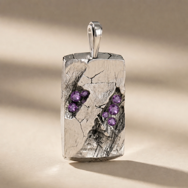 GOLGA VESPER cross pendant in volcanic-oxidized 925 silver with violet stones, handcrafted in Italy for you - Broken Hearts