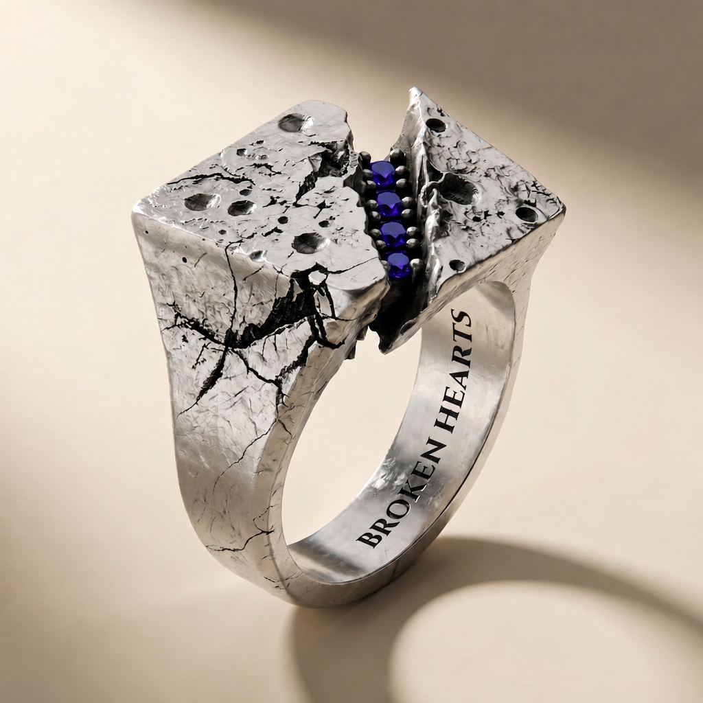 FRACTURA VESPER ring in volcanic-oxidized 925 silver with violet stones, handcrafted in Italy for you - Broken Hearts