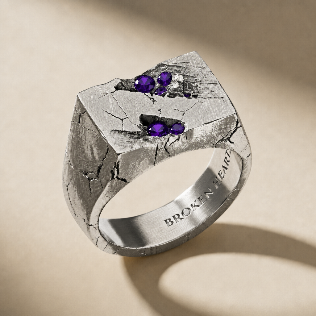 RELIC VESPER ring in volcanic-oxidized 925 silver with violet stones, handcrafted in Italy for you - Broken Hearts