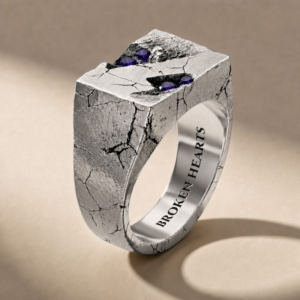 RELIC VESPER ring in volcanic-oxidized 925 silver with violet stones, handcrafted in Italy for you - Broken Hearts