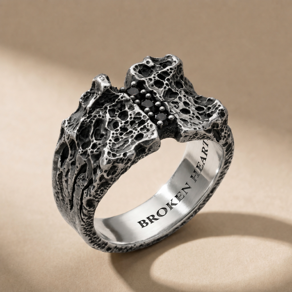 TERNUM NOX three-stone ring in volcanic-oxidized 925 silver with black stones, handcrafted in Italy for you - Broken Hearts