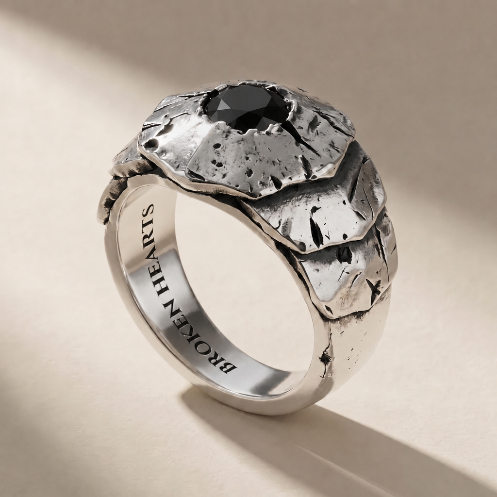 SCUTUM NOX ring in volcanic-oxidized 925 silver with black stones, handcrafted in Italy for you - Broken Hearts