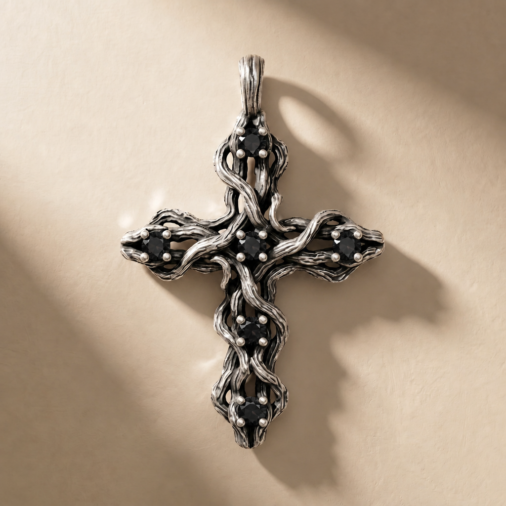 PLEXUS NOX pendant in volcanic-oxidized 925 silver with black stones, handcrafted in Italy for you - Broken Hearts