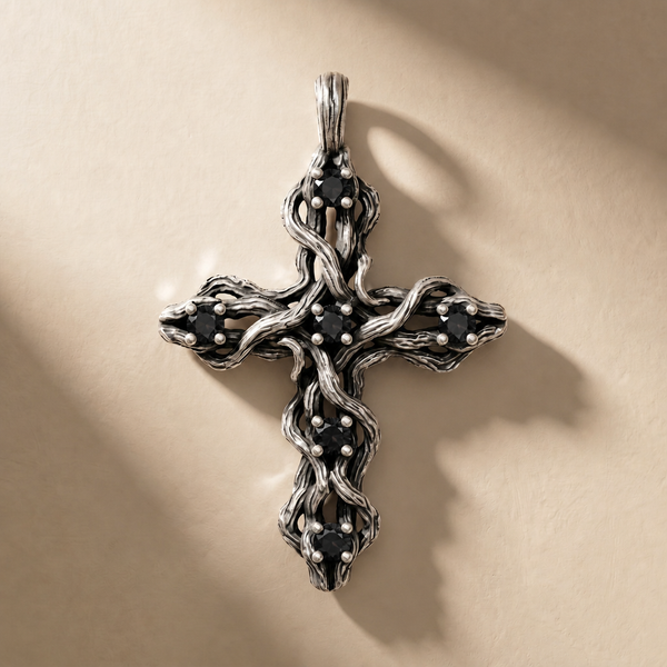 PLEXUS NOX pendant in volcanic-oxidized 925 silver with black stones, handcrafted in Italy for you - Broken Hearts