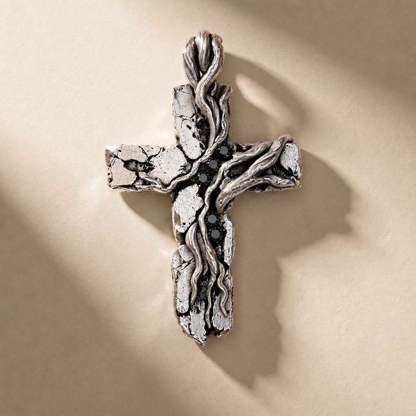 CRUCEM NOX cross pendant in volcanic-oxidized 925 silver with black stones, handcrafted in Italy for you - Broken Hearts