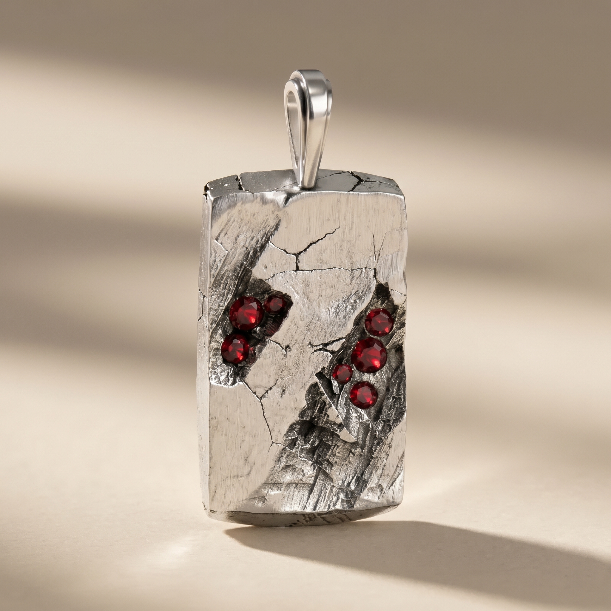 GOLGA SANGUINIS cross pendant in volcanic-oxidized 925 silver with red stones, handcrafted in Italy for you - Broken Hearts