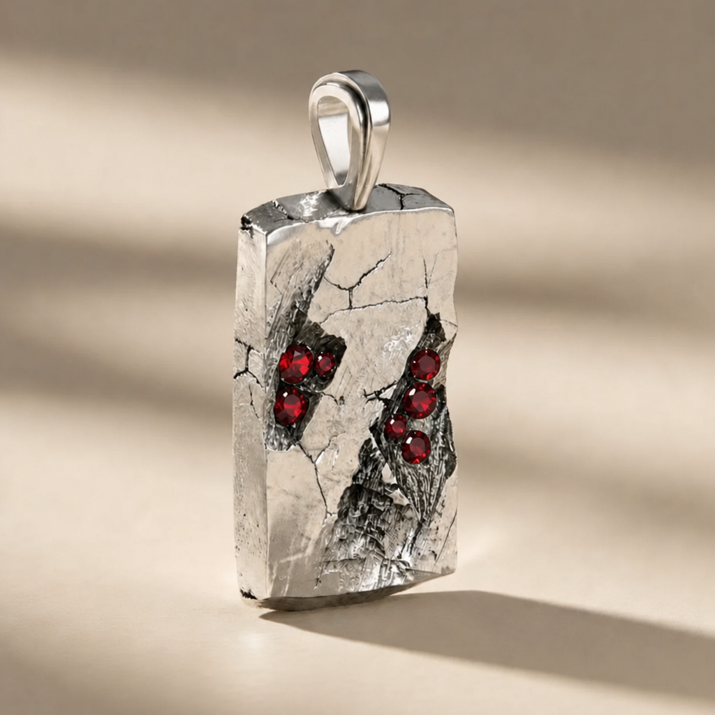 GOLGA SANGUINIS cross pendant in volcanic-oxidized 925 silver with red stones, handcrafted in Italy for you - Broken Hearts