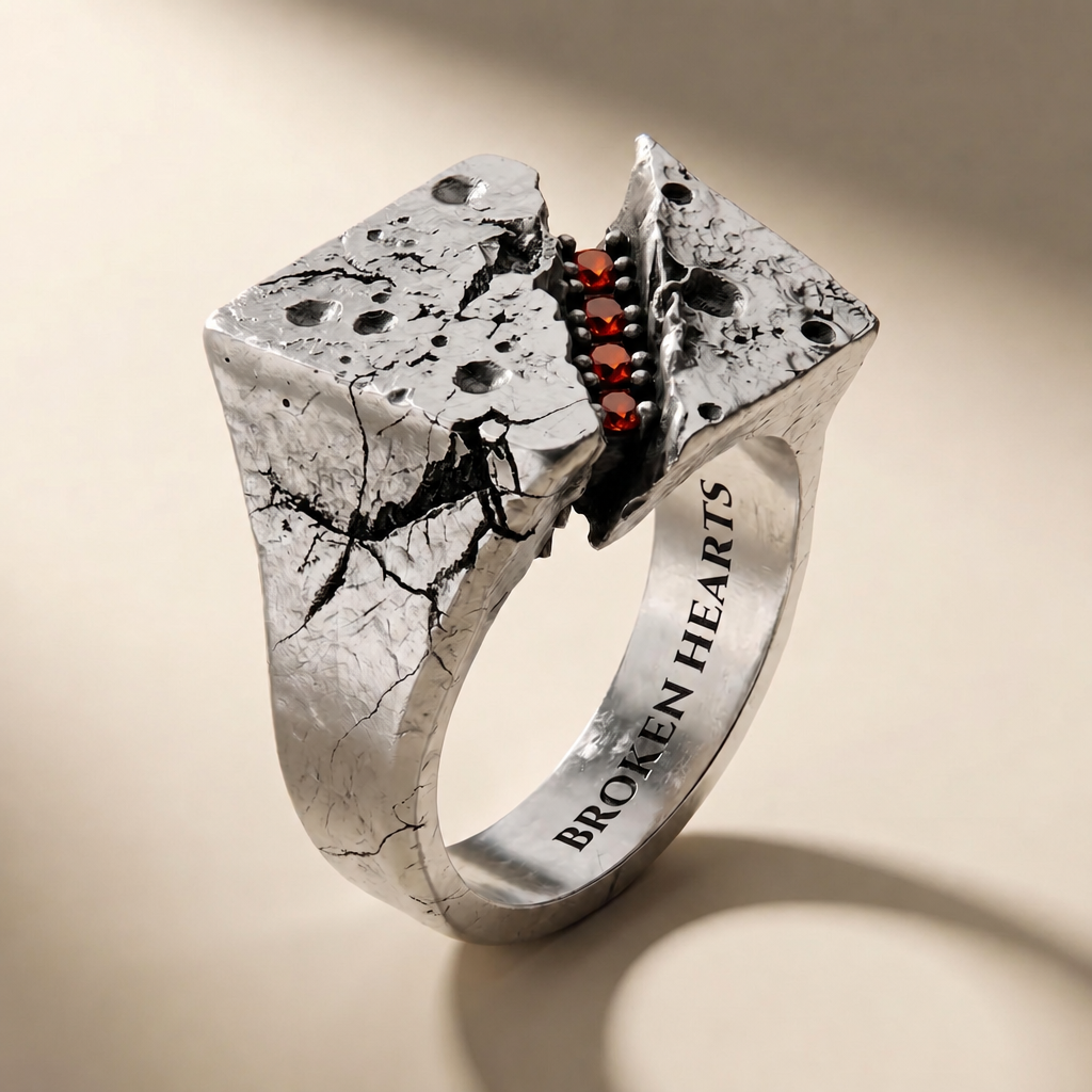 FRACTURA SANGUINIS ring in volcanic-oxidized 925 silver with red stones, handcrafted in Italy for you - Broken Hearts