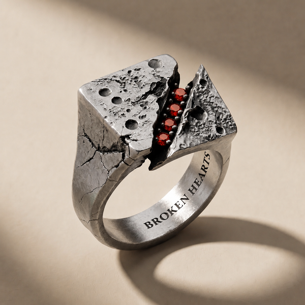 FRACTURA SANGUINIS ring in volcanic-oxidized 925 silver with red stones, handcrafted in Italy for you - Broken Hearts