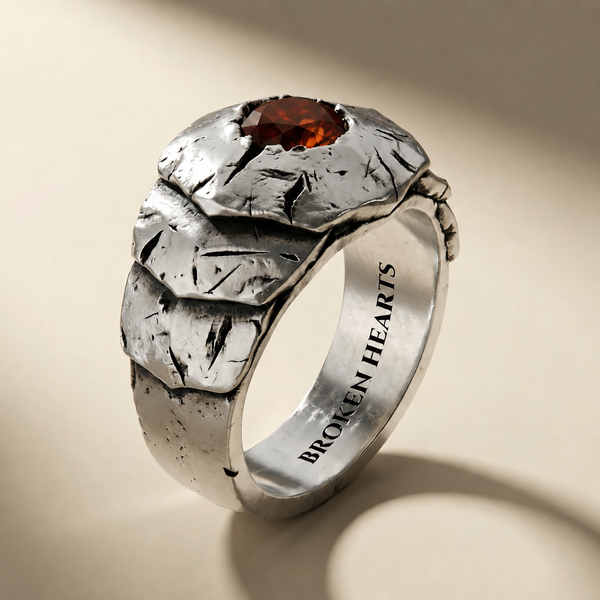 SCUTUM SANGUINIS ring in volcanic-oxidized 925 silver with red stones, handcrafted in Italy for you - Broken Hearts