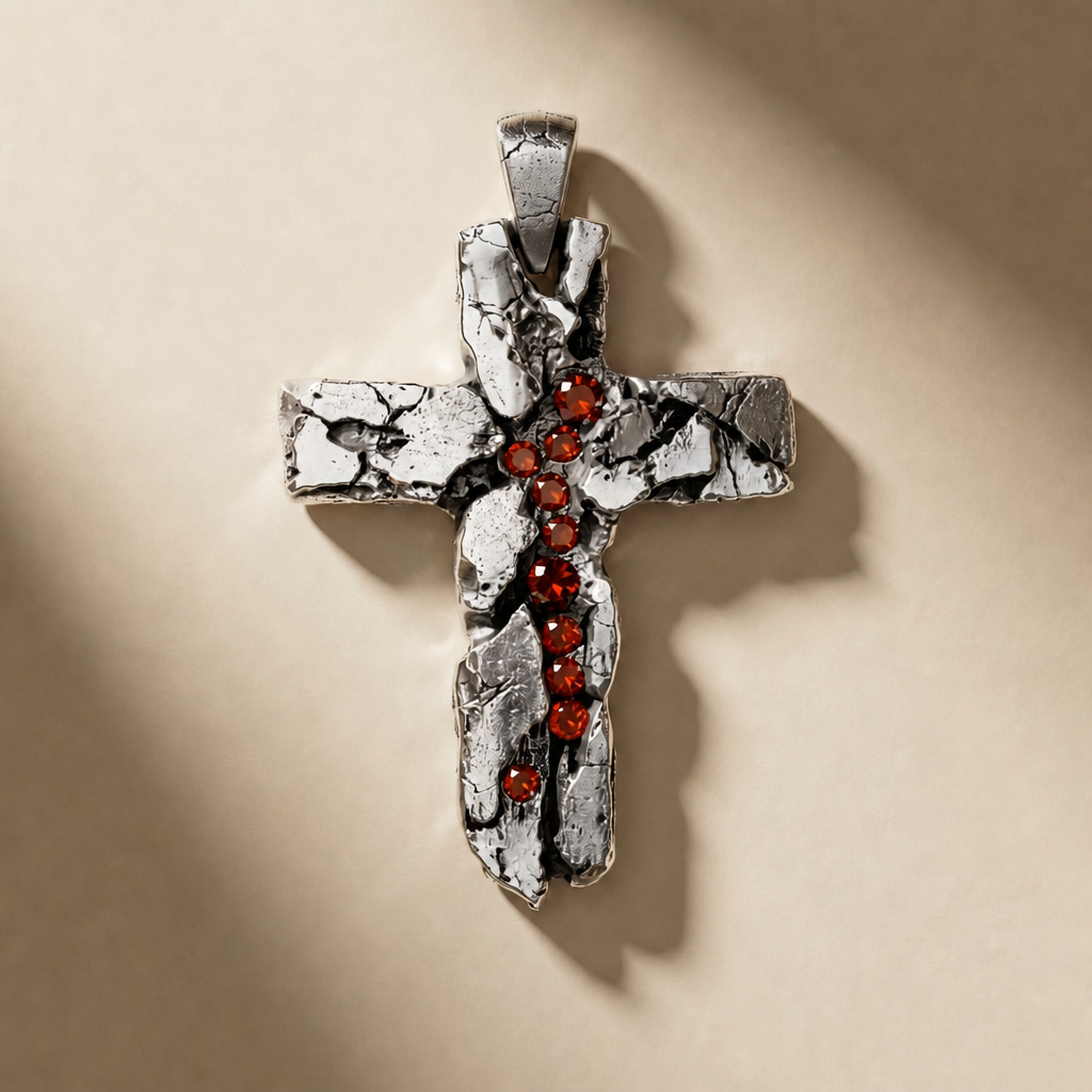 CRUX SANGUINIS cross pendant in volcanic-oxidized 925 silver with red stones, handcrafted in Italy for you - Broken Hearts