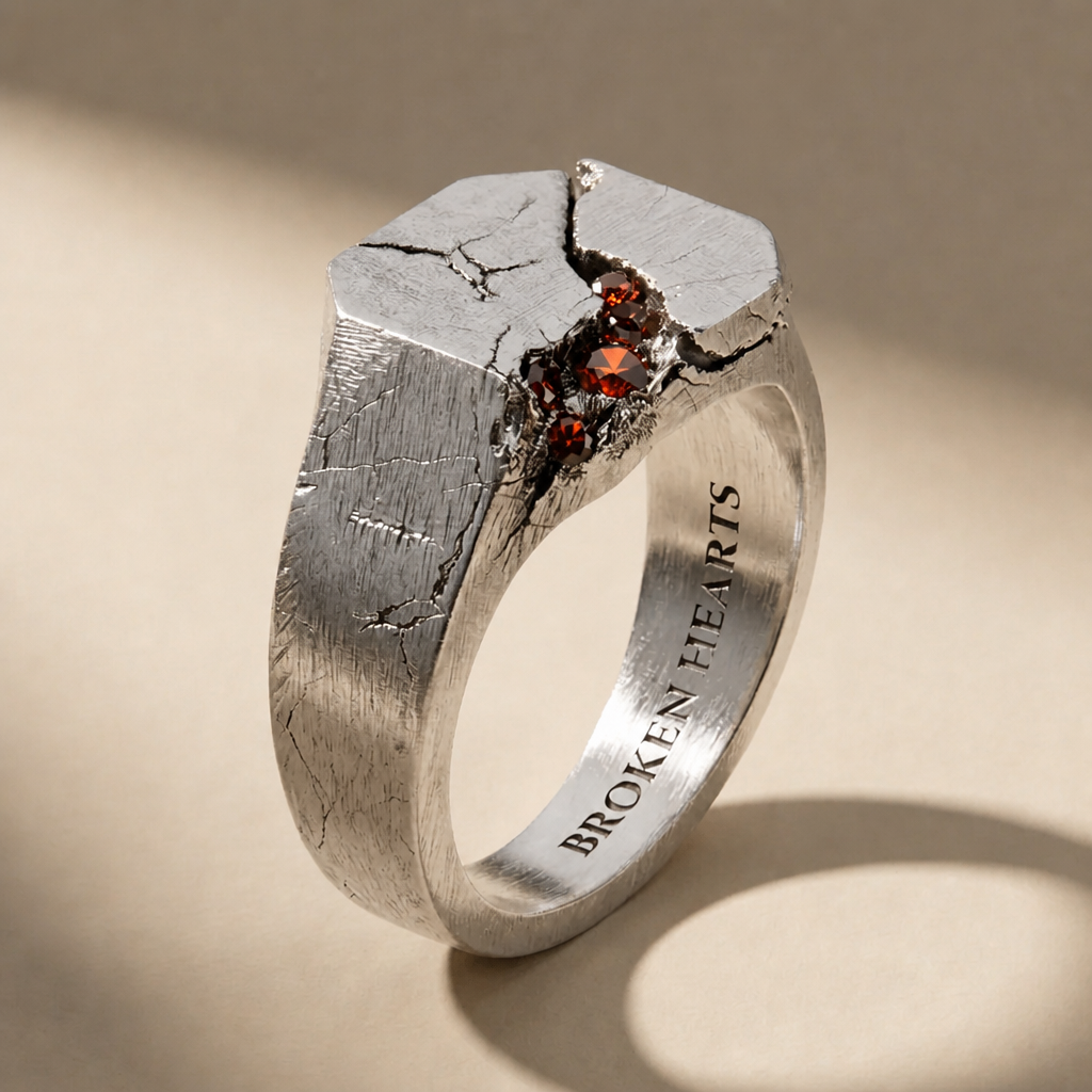 SCISSUM SANGUINIS ring in volcanic-oxidized 925 silver with red stones, handcrafted in Italy for you - Broken Hearts