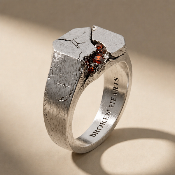 SCISSUM SANGUINIS ring in volcanic-oxidized 925 silver with red stones, handcrafted in Italy for you - Broken Hearts