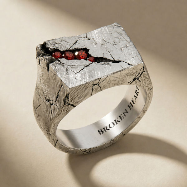 SAXUM SANGUINIS ring in volcanic-oxidized 925 silver with red stones, handcrafted in Italy for you - Broken Hearts