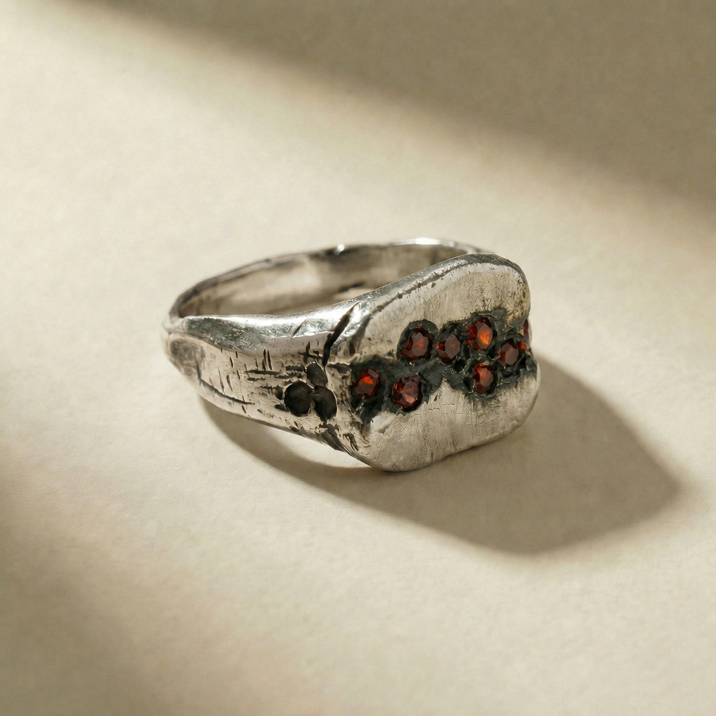 CUMULUS SANGUINIS ring in volcanic-oxidized 925 silver with red stones, handcrafted in Italy for you - Broken Hearts