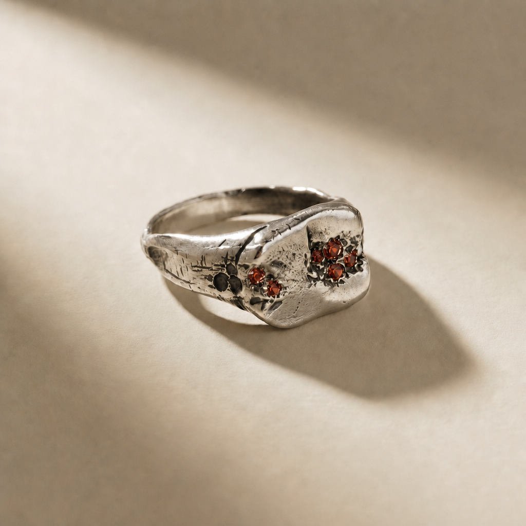 KLUSTER SANGUINIS ring in volcanic-oxidized 925 silver with red stones, handcrafted in Italy for you - Broken Hearts