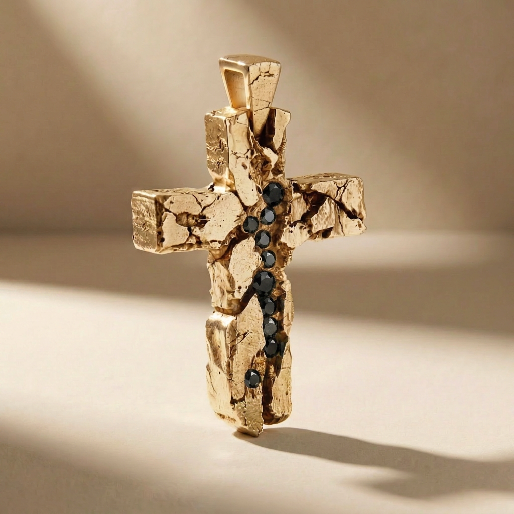 GOLDEN CRUX NOX cross pendant in solid 14kt gold with black stones, handcrafted in Italy for you - Broken Hearts