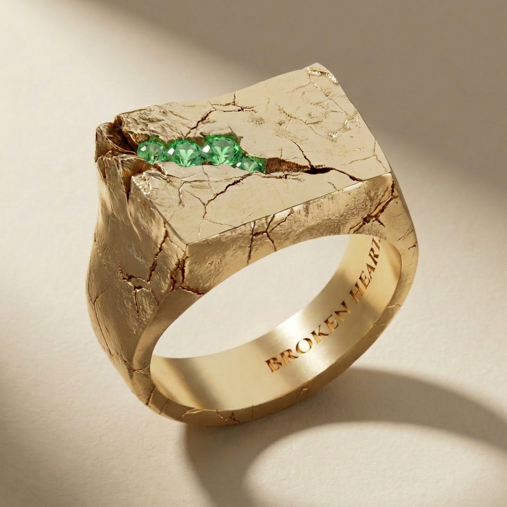 GOLDEN SAXUM VIRIDIS ring in solid 14kt gold with green stones, handcrafted in Italy for you - Broken Hearts