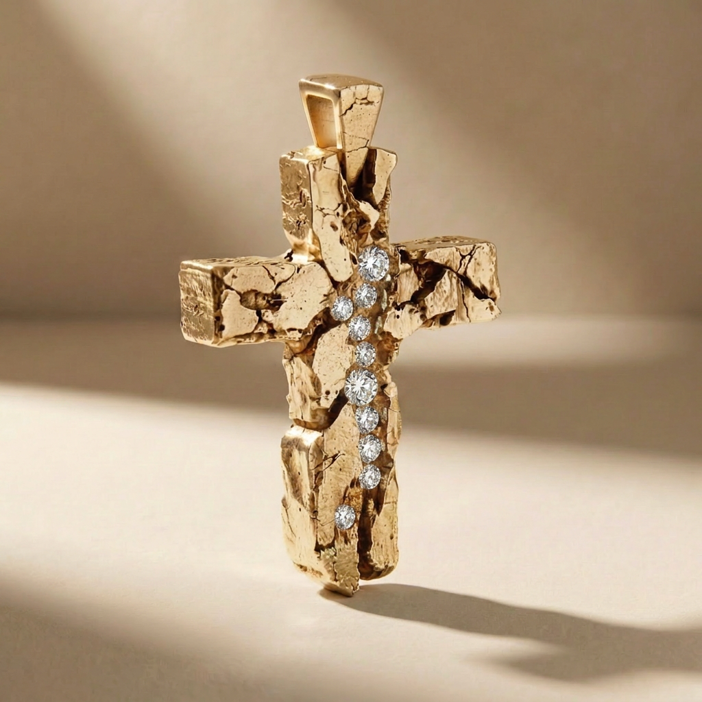GOLDEN CRUX LUX cross pendant in solid 14kt gold with white stones, handcrafted in Italy for you - Broken Hearts