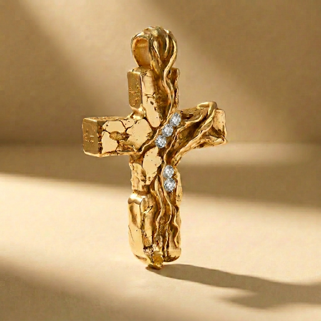 GOLDEN CRUCEM LUX cross pendant in solid 14kt gold with white stones, handcrafted in Italy for you - Broken Hearts