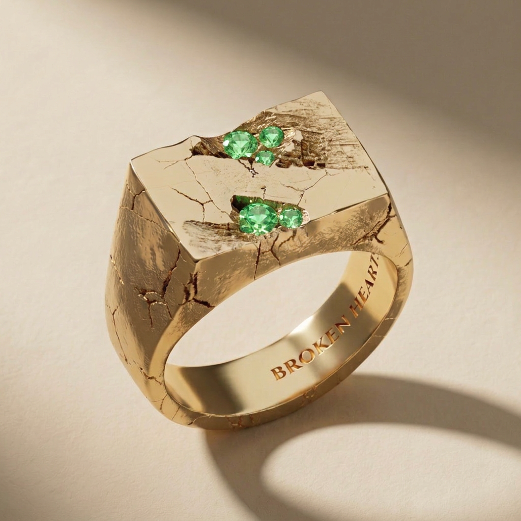 GOLDEN RELIC VIRIDIS ring in solid 14kt gold with green stones, handcrafted in Italy for you - Broken Hearts