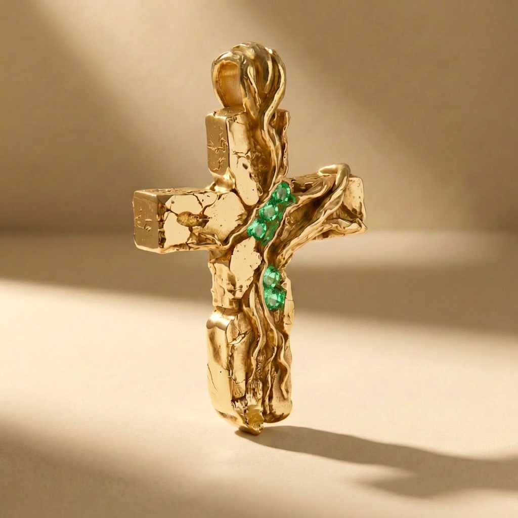 GOLDEN CRUCEM VIRIDIS cross pendant in solid 14kt gold with green stones, handcrafted in Italy for you - Broken Hearts