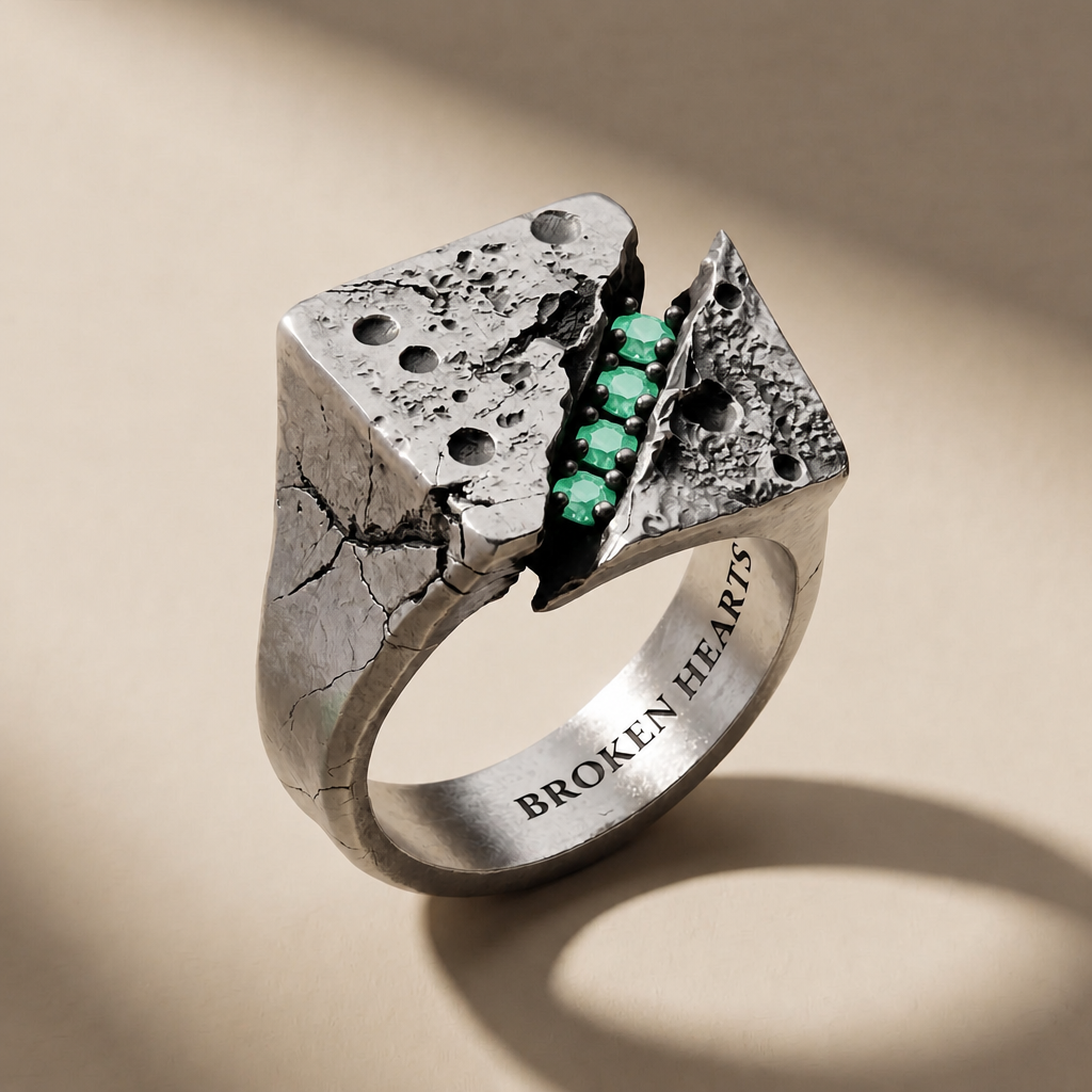 FRACTURA VIRIDIS ring in volcanic-oxidized 925 silver with green stones, handcrafted in Italy for you - Broken Hearts