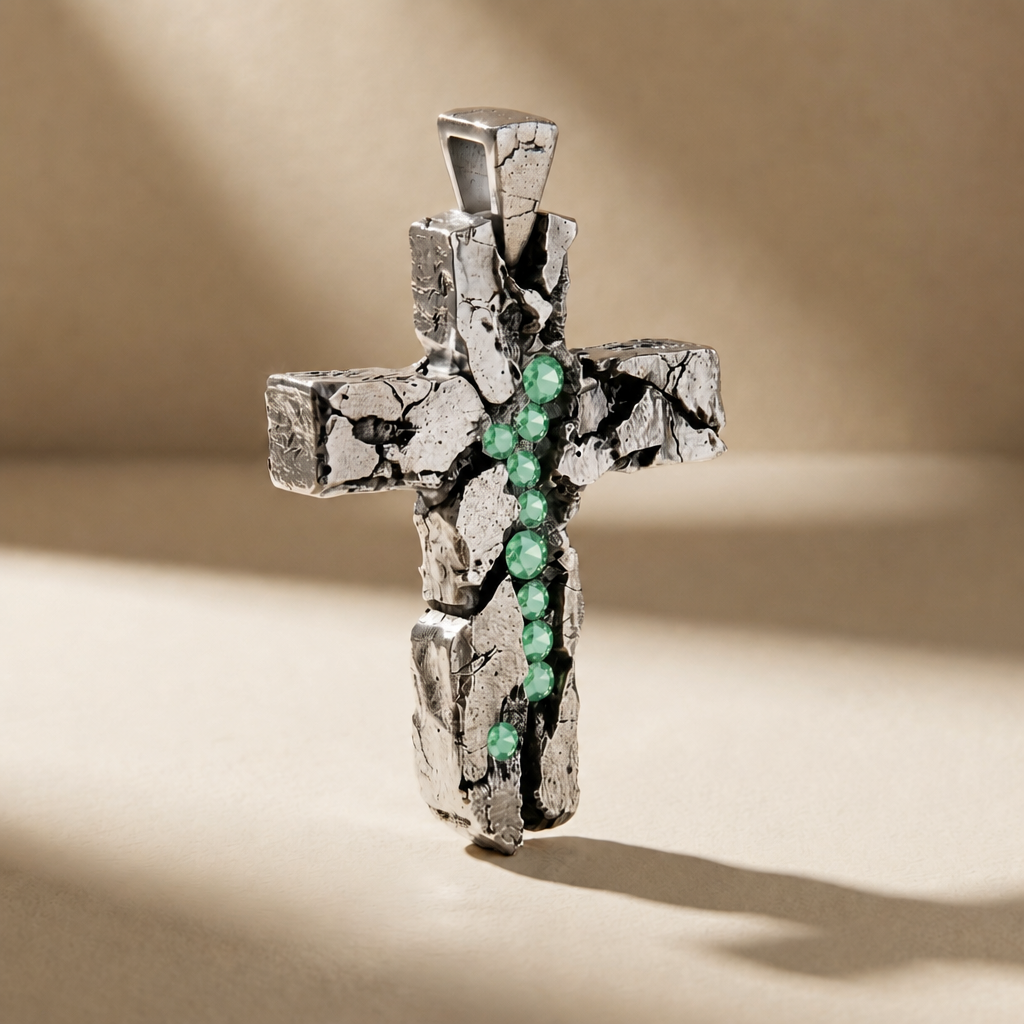 CRUX VIRIDIS cross pendant in volcanic-oxidized 925 silver with green stones, handcrafted in Italy for you - Broken Hearts