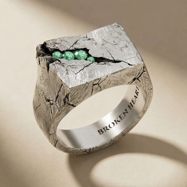 SAXUM VIRIDIS ring in volcanic-oxidized 925 silver with green stones, handcrafted in Italy for you - Broken Hearts