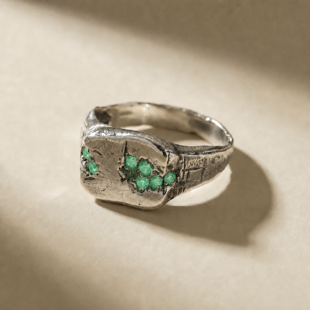 KLUSTER VIRIDIS cluster ring in volcanic-oxidized 925 silver with green stones, handcrafted in Italy for you - Broken Hearts