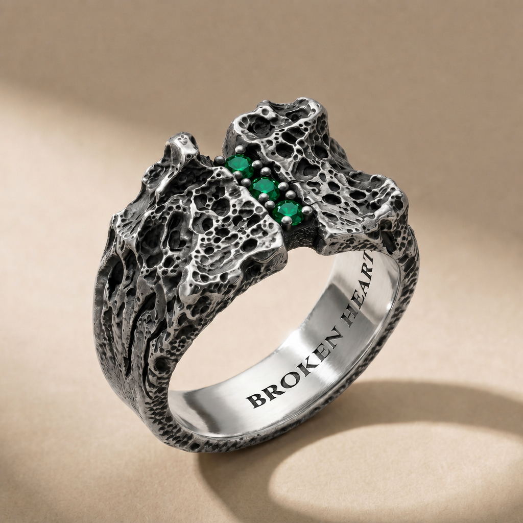 TERNUM VIRIDIS three-stone ring in volcanic-oxidized 925 silver with green stones, handcrafted in Italy for you - Broken Hearts