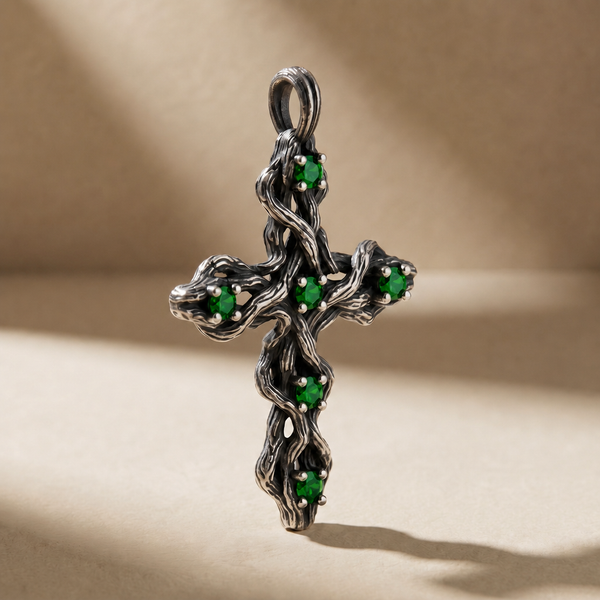 PLEXUS VIRIDIS pendant in volcanic-oxidized 925 silver with green stones, handcrafted in Italy for you - Broken Hearts