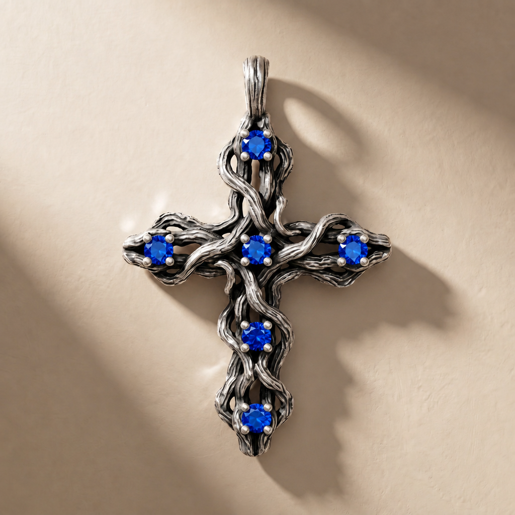 PLEXUS ABYSSUS pendant in volcanic-oxidized 925 silver with blue stones, handcrafted in Italy for you - Broken Hearts