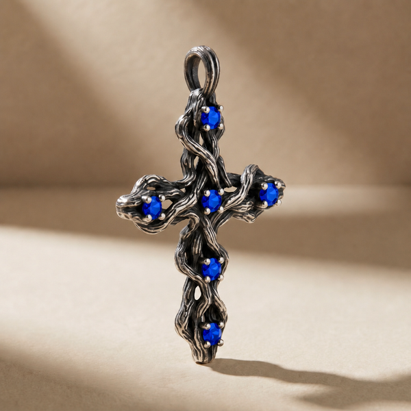 PLEXUS ABYSSUS pendant in volcanic-oxidized 925 silver with blue stones, handcrafted in Italy for you - Broken Hearts