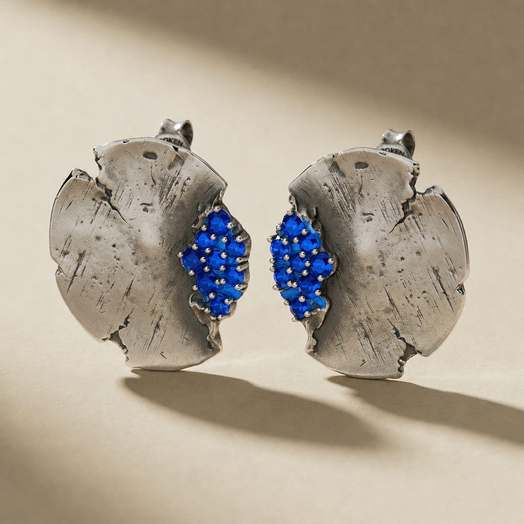 ORBITA ABYSSUS ear cuff in volcanic-oxidized 925 silver with blue stones, handcrafted in Italy for you - Broken Hearts