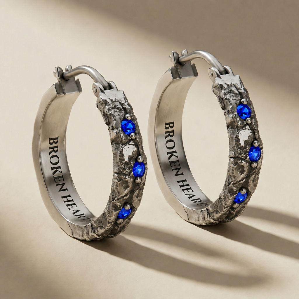 ANULUS ABYSSUS hoop earrings in volcanic-oxidized 925 silver with blue stones, handcrafted in Italy for you - Broken Hearts