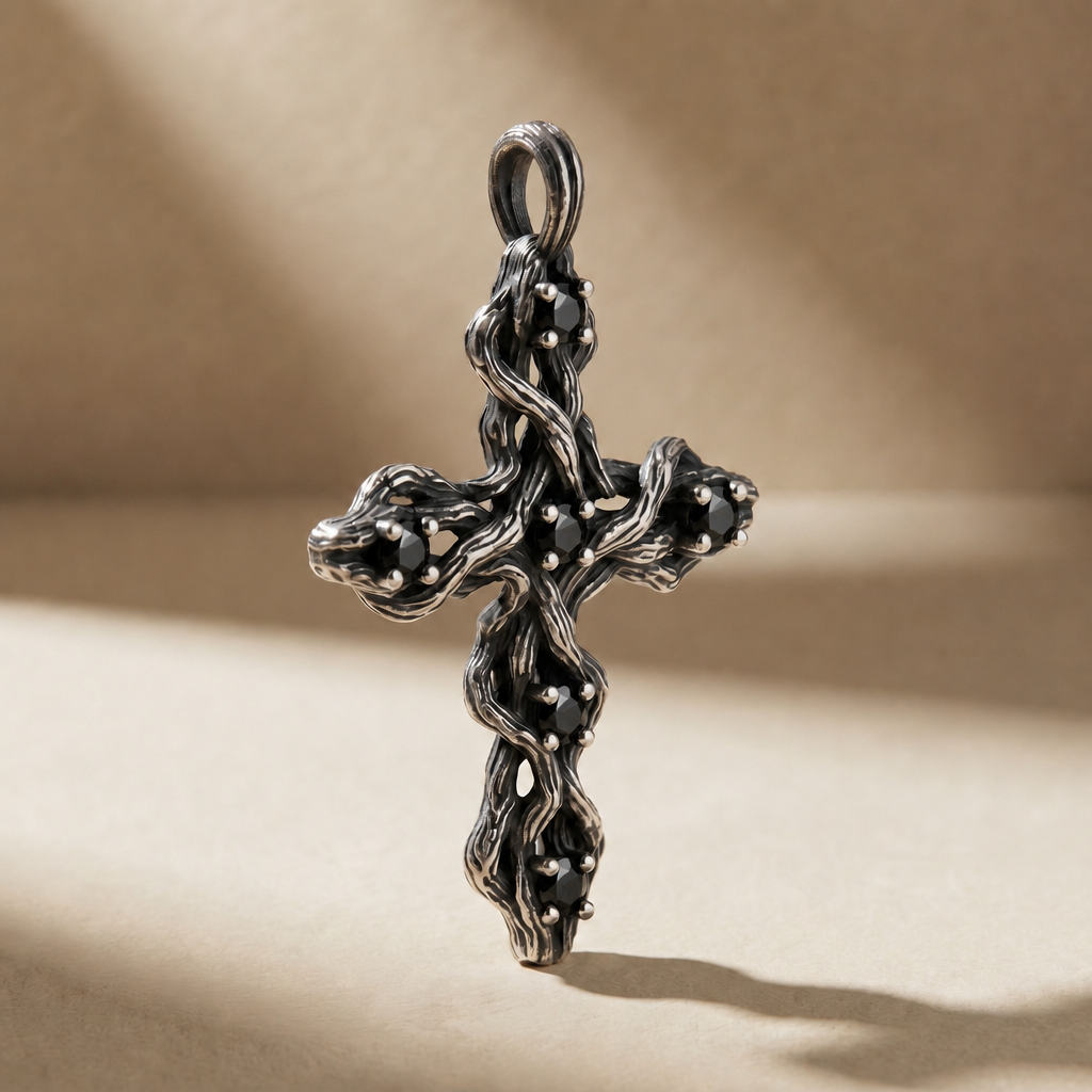 PLEXUS NOX pendant in volcanic-oxidized 925 silver with black stones, handcrafted in Italy for you - Broken Hearts