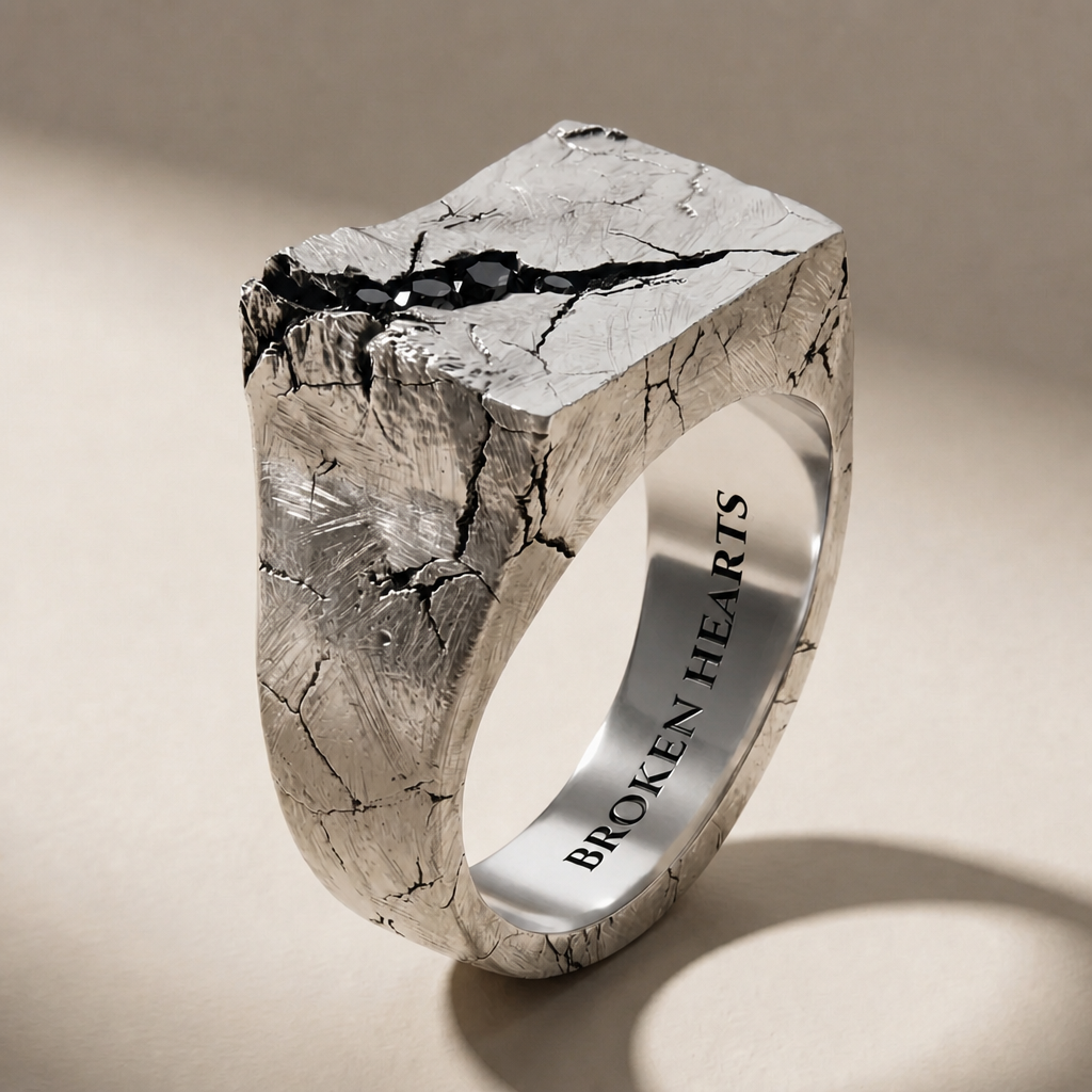 SAXUM NOX ring in volcanic-oxidized 925 silver with black stones, handcrafted in Italy for you - Broken Hearts