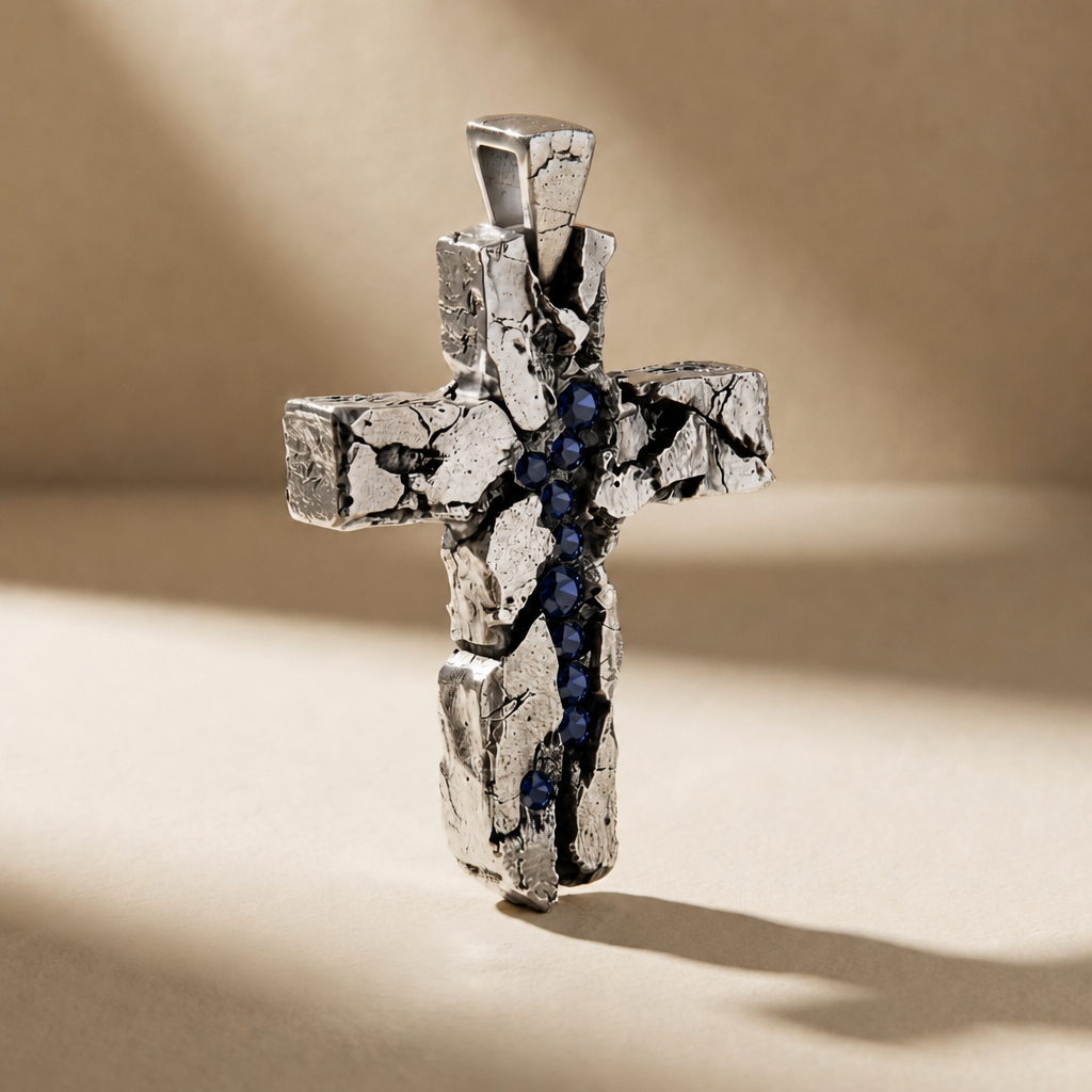 CRUX ABYSSUS cross pendant in volcanic-oxidized 925 silver with blue stones, handcrafted in Italy for you - Broken Hearts