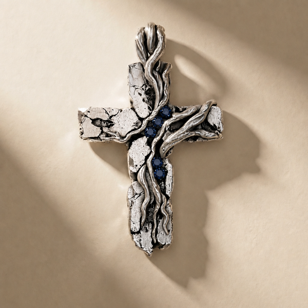 CRUCEM ABYSSUS cross pendant in volcanic-oxidized 925 silver with blue stones, handcrafted in Italy for you - Broken Hearts