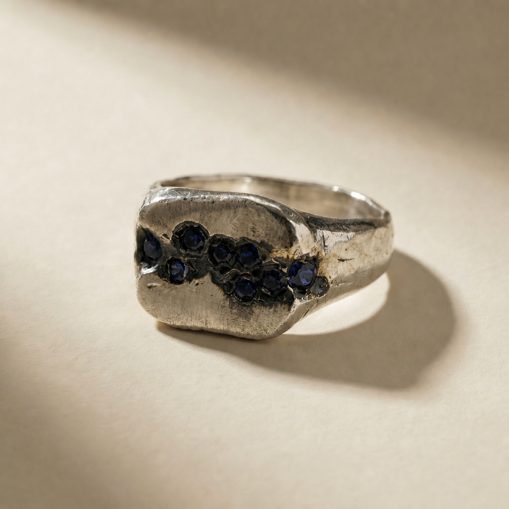 CUMULUS ABYSSUS ring in volcanic-oxidized 925 silver with blue stones, handcrafted in Italy for you - Broken Hearts