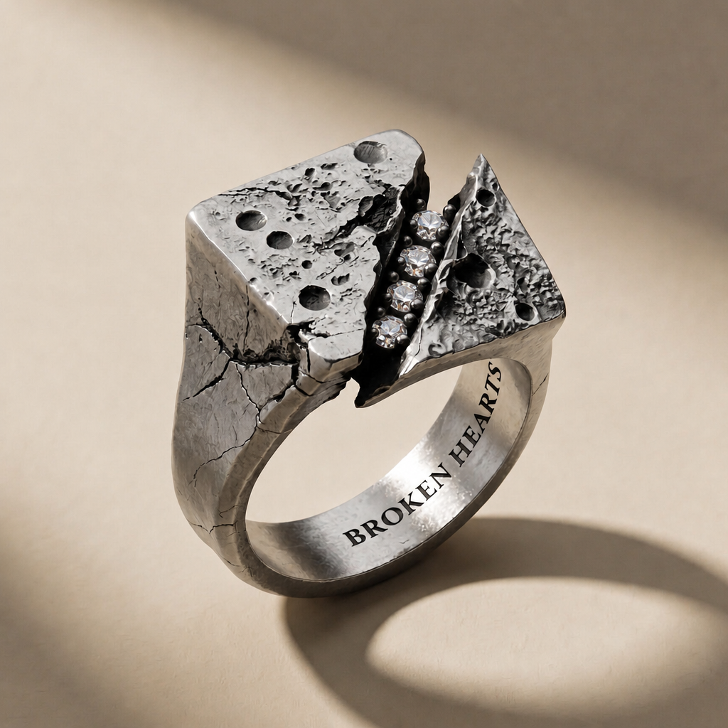 FRACTURA LUX ring in volcanic-oxidized 925 silver with white stones, handcrafted in Italy for you - Broken Hearts