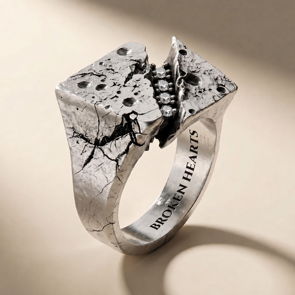 FRACTURA LUX ring in volcanic-oxidized 925 silver with white stones, handcrafted in Italy for you - Broken Hearts